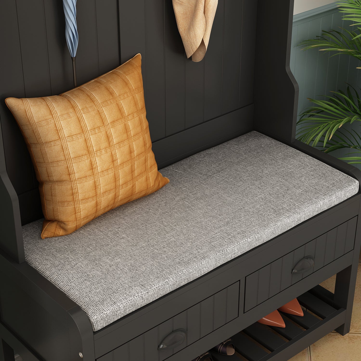 Modern Hall Tree with Storage Bench, 4-in-1 Entryway Bench with Coat Rack, Tall Hall Tree with 4 Metal Double Hooks, Shelves & 2 Drawers for Hallway, Living Room