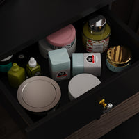 35.4" Modern White/Black Vanity Set with Sliding Mirror, 4 Drawers, Shelves and Cushioned Stool