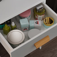 35.4" Modern White/Black Vanity Set with Sliding Mirror, 4 Drawers, Shelves and Cushioned Stool