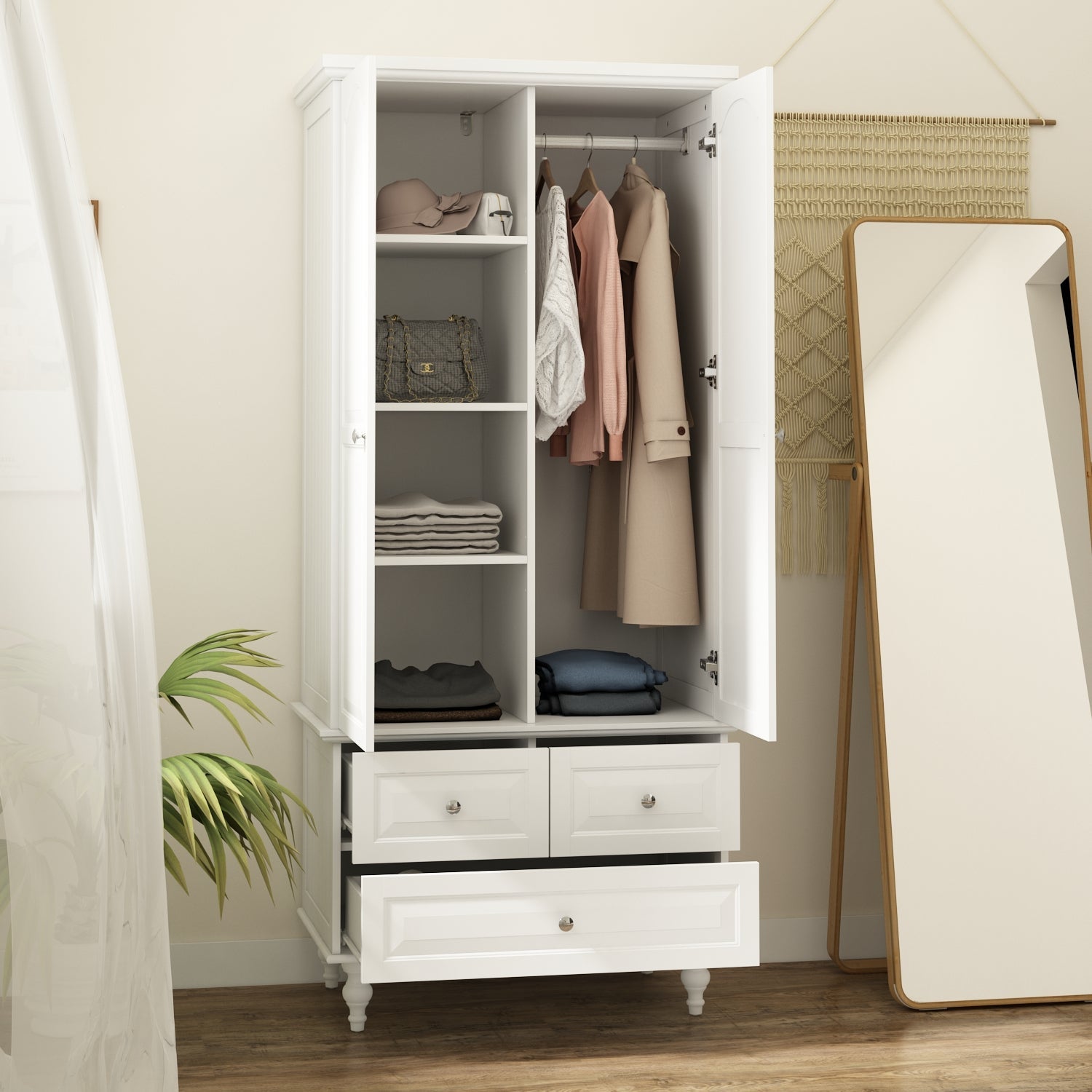 White Wardrobe Bedroom Storage Cabinet Armoire with 3 Drawers - Thumbnail 2