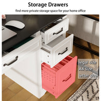 58" Farmhouse White Computer Desk With 6 Drawers, Hutch And Socket