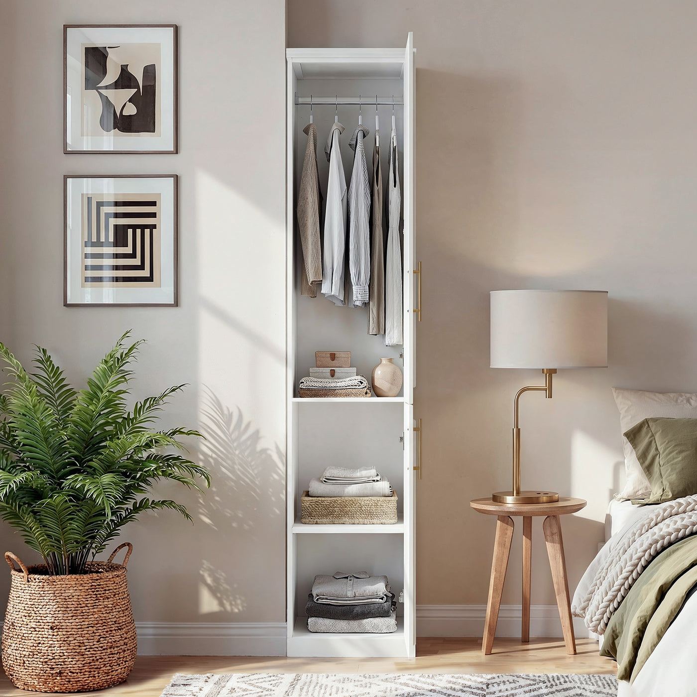 Rena 15.7" Modern White Compact Wardrobe with Dual Doors, Golden Handles and Multiple Storage Sections