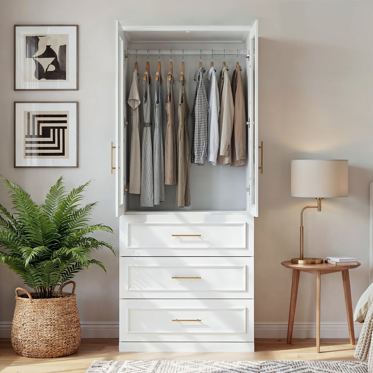 31.7 inches Modern White Glass Door Armoire with Hanging Rod and 3 Drawers