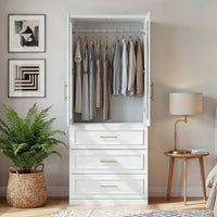 Rena 31.7" Modern White Glass Door Armoire with Hanging Rod and 3 Drawers