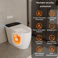 White smart toilet with open lid, built-in bidet, and ambient night light