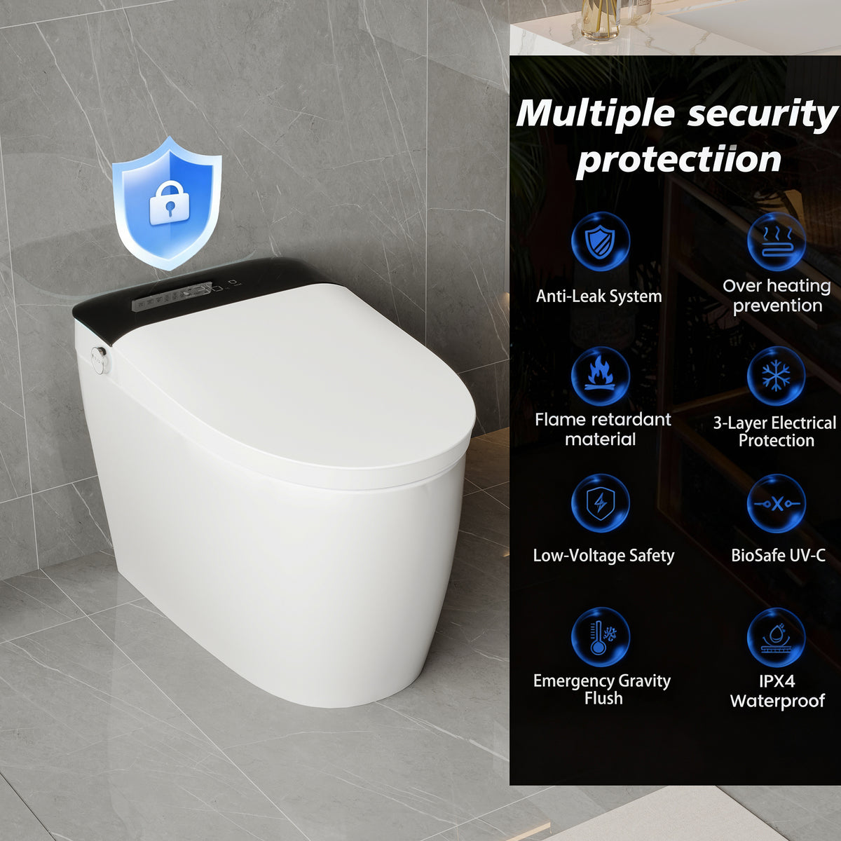 White smart toilet with closed lid, digital display, and built-in bidet