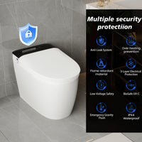 White smart toilet with closed lid, digital display, and built-in bidet