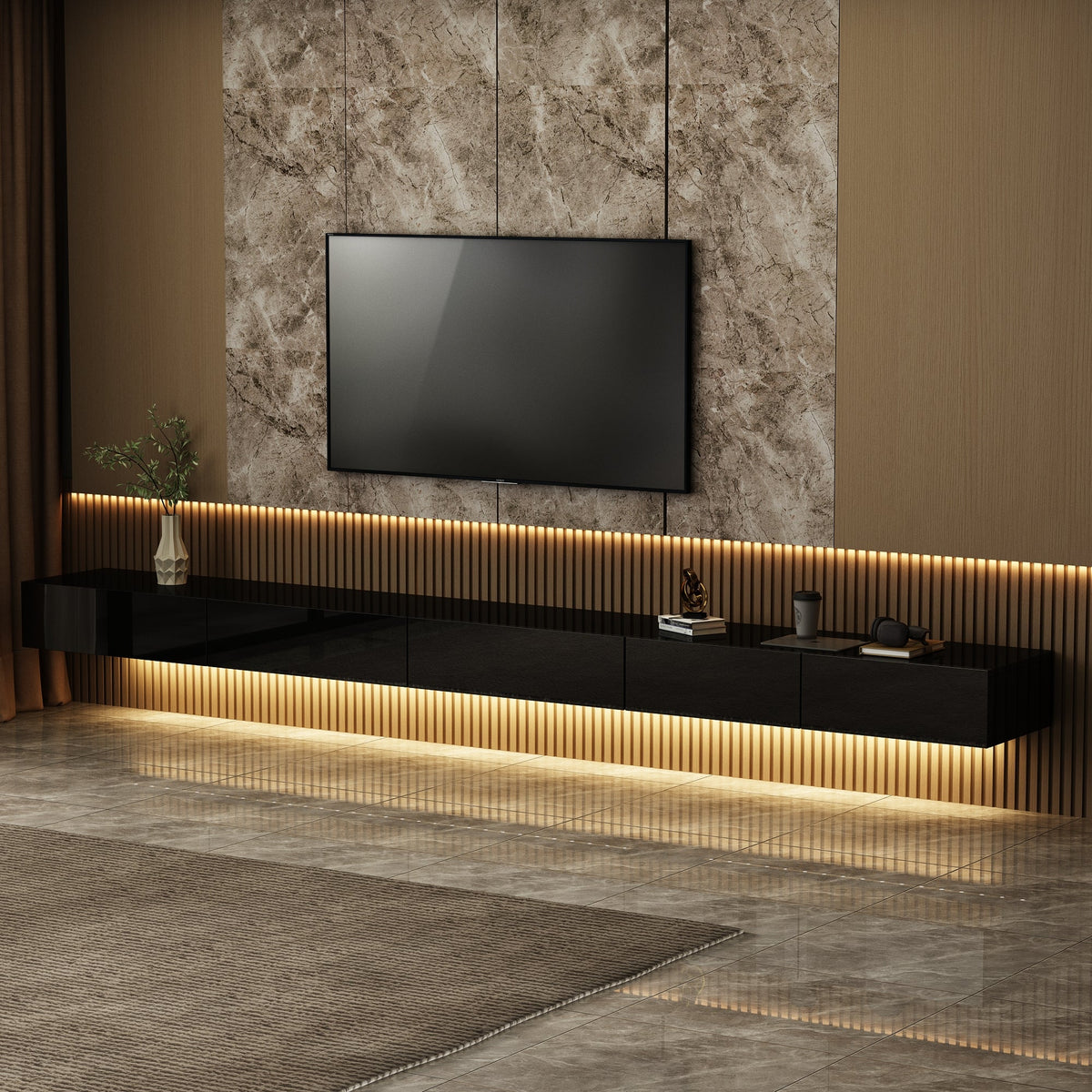 94.5" Modern Minimalist Black TV Stand Wall-Mounted And Freely Arranged TV Stand With LED