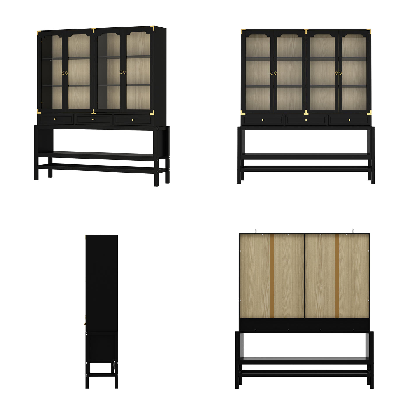 66" Modern Black Display Bookcase with Open Shelves, Glass Doors and 3 Drawers