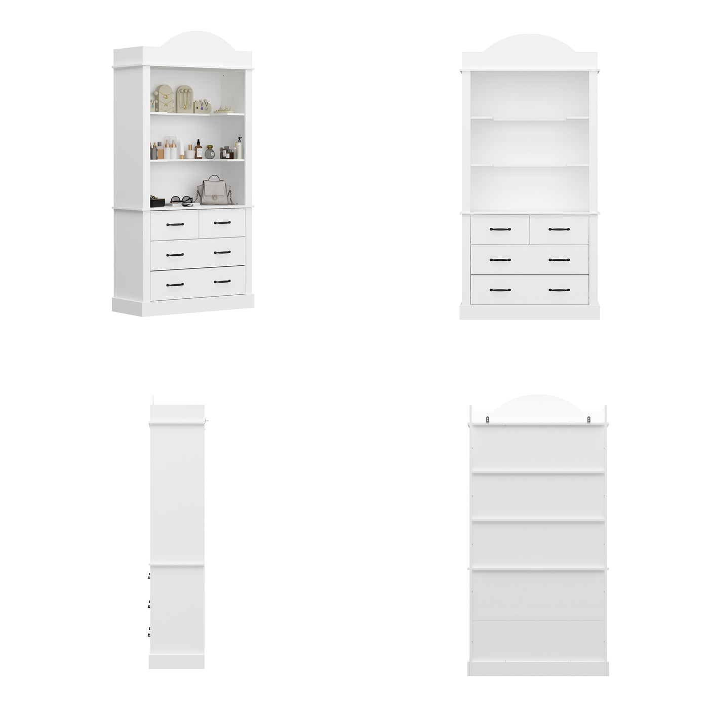 Set of white dressers with drawers and shelves on a white background