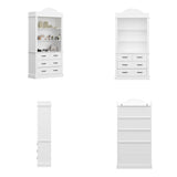Set of white dressers with drawers and shelves on a white background
