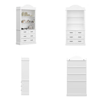 Set of white dressers with drawers and shelves on a white background