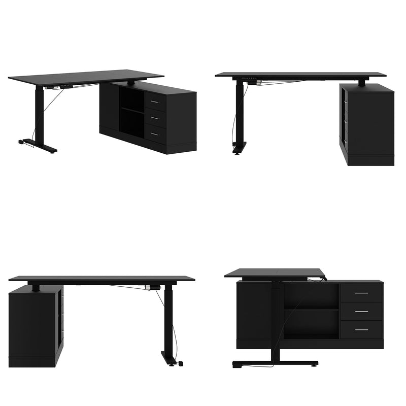63 inches Modern Minimalist White Standing Desk With 3 Drawers, 2 Exterior Shelves, Electric Lift