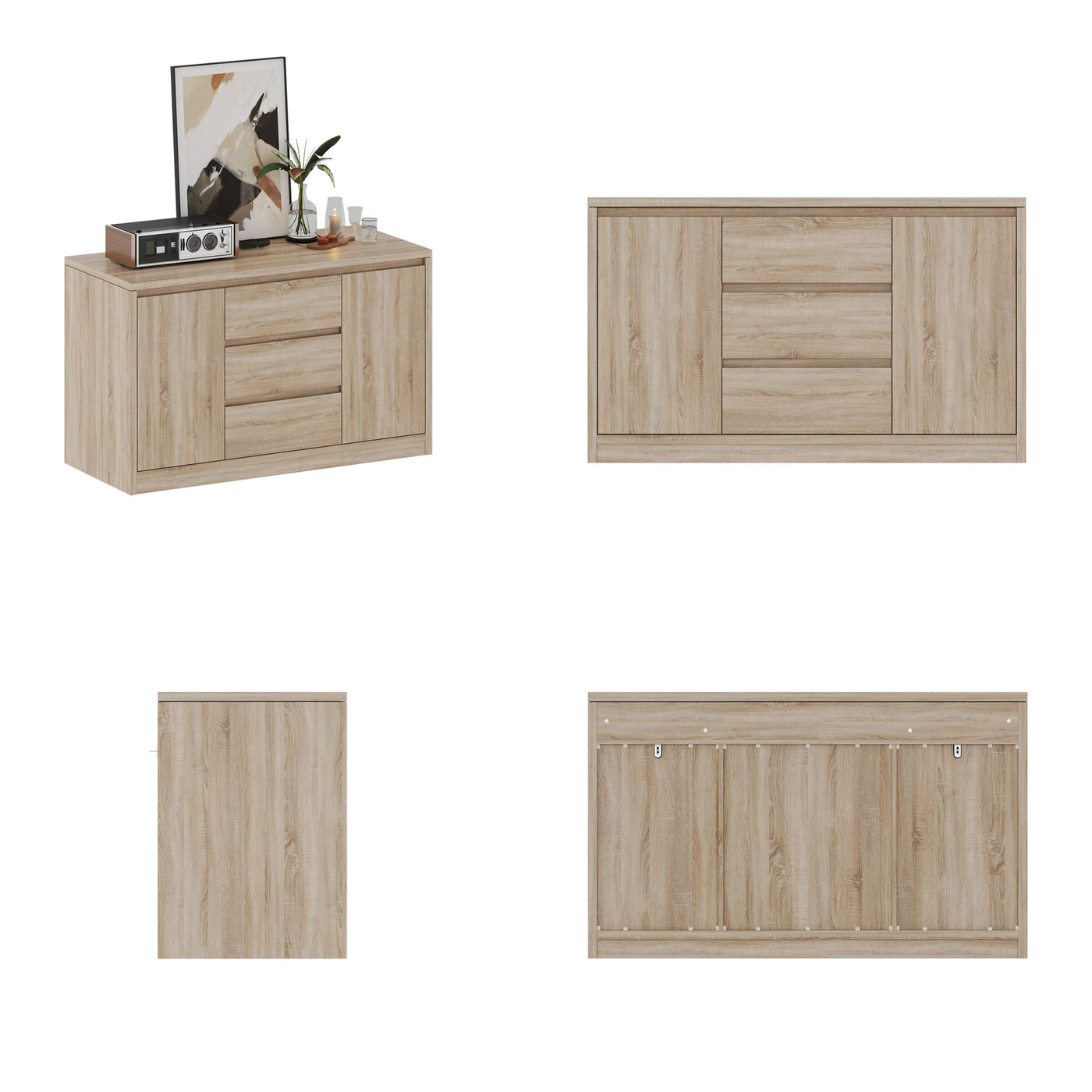 Set of wooden furniture pieces including a sideboard and cabinets on a white background