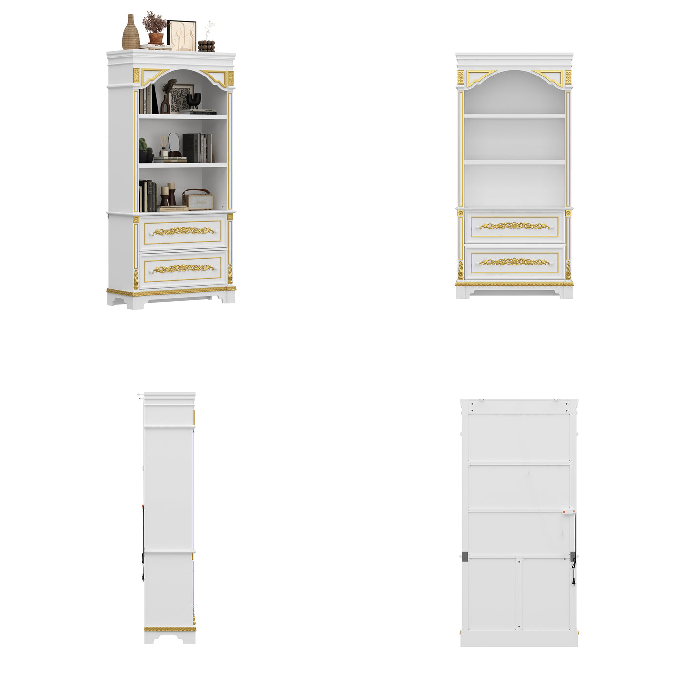 Set of white bookcases with gold accents on a white background