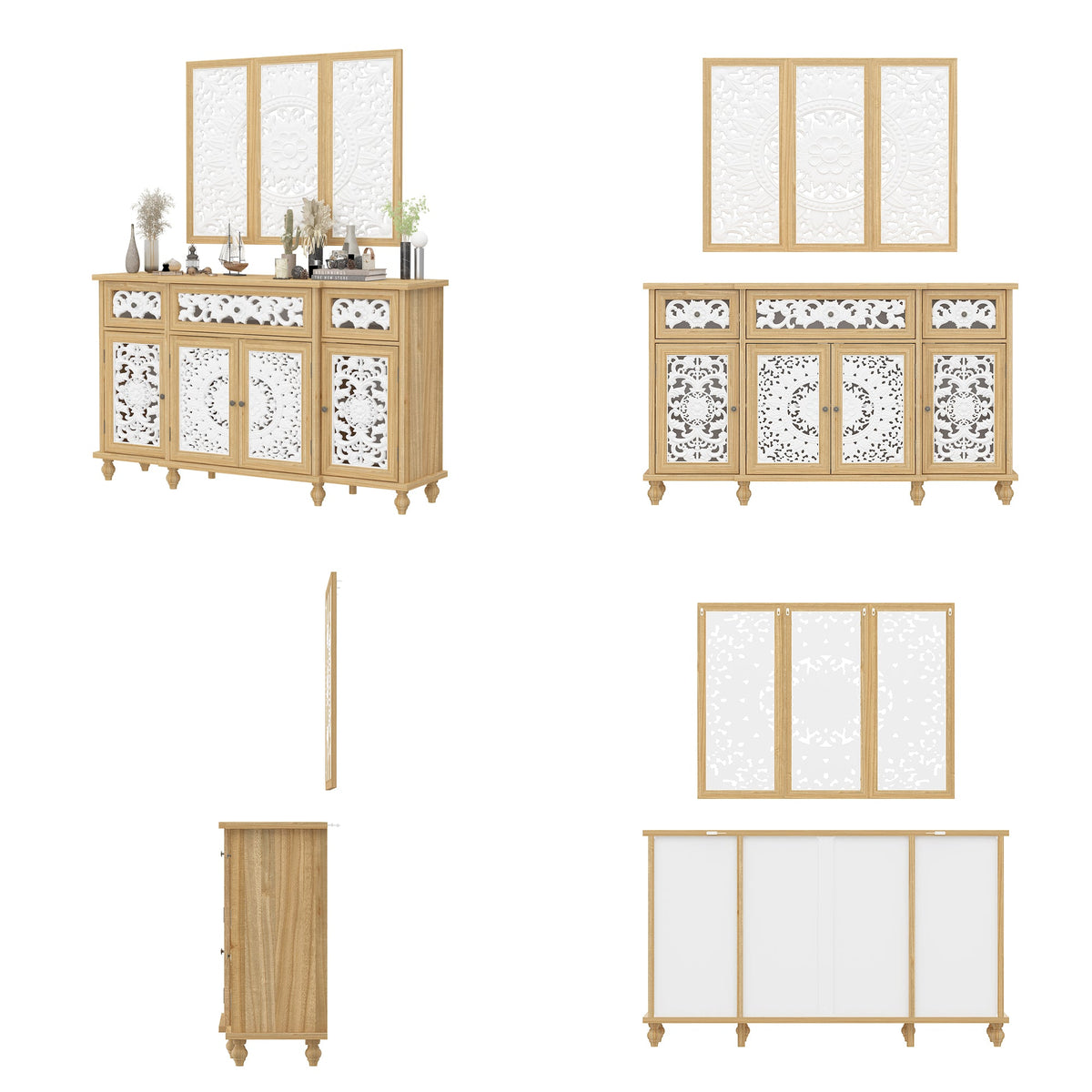 59.1" Bohemian Natural Sideboard Cabinet Buffet Storage Cabinet With Wall Hanging Decorations