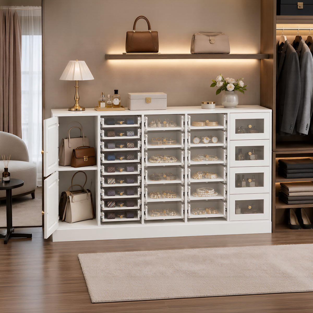 59" Modern White 25-Drawer Dresser with Glossy Acrylic Fronts, 2 Storage Cabinets and Anti-Tip Design