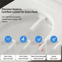 White smart toilet with closed lid, digital display, and built-in bidet