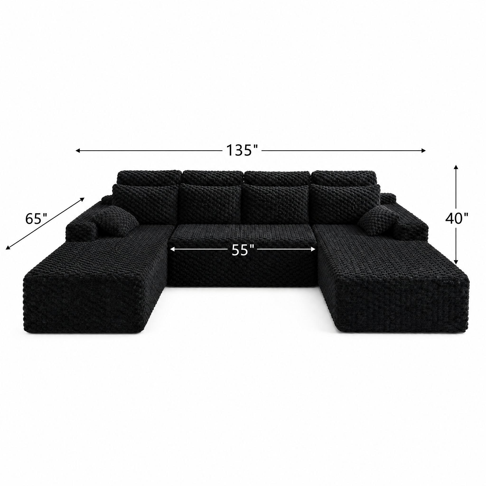 Black U-shaped modular sofa with textured upholstery and chaise lounges