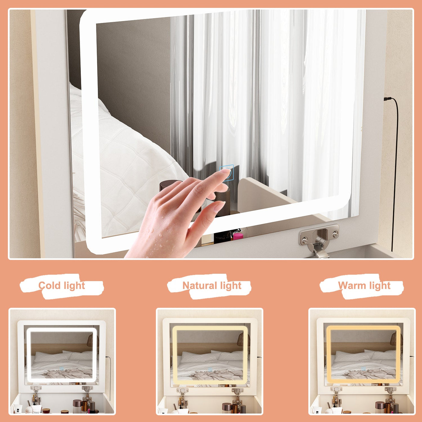 18.7" Modern White Makeup Vanity Desk with Lights and Flip Mirror
