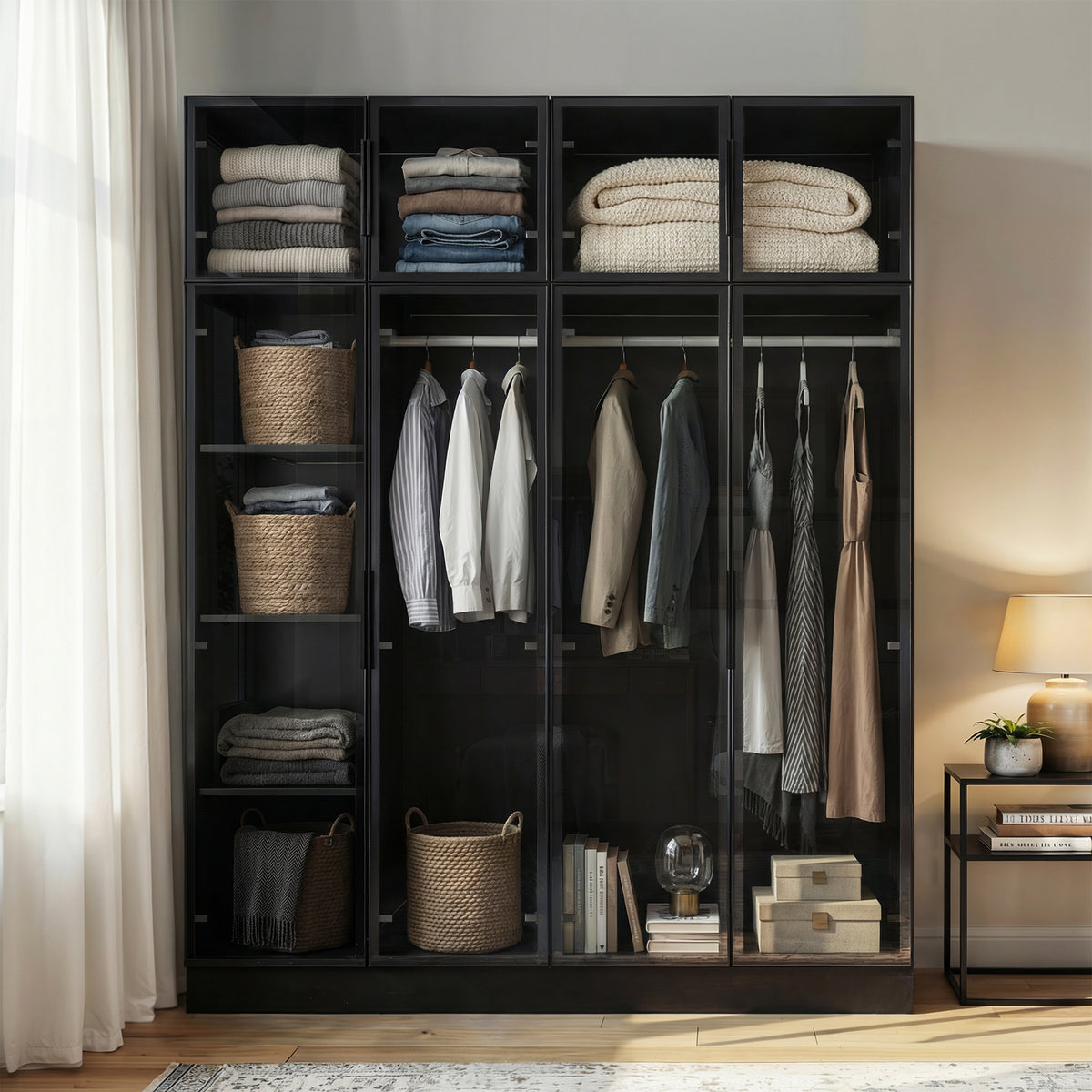 59" Modern Black Wardrobe Armoires With LED Lighting and Tempered Glass Doors