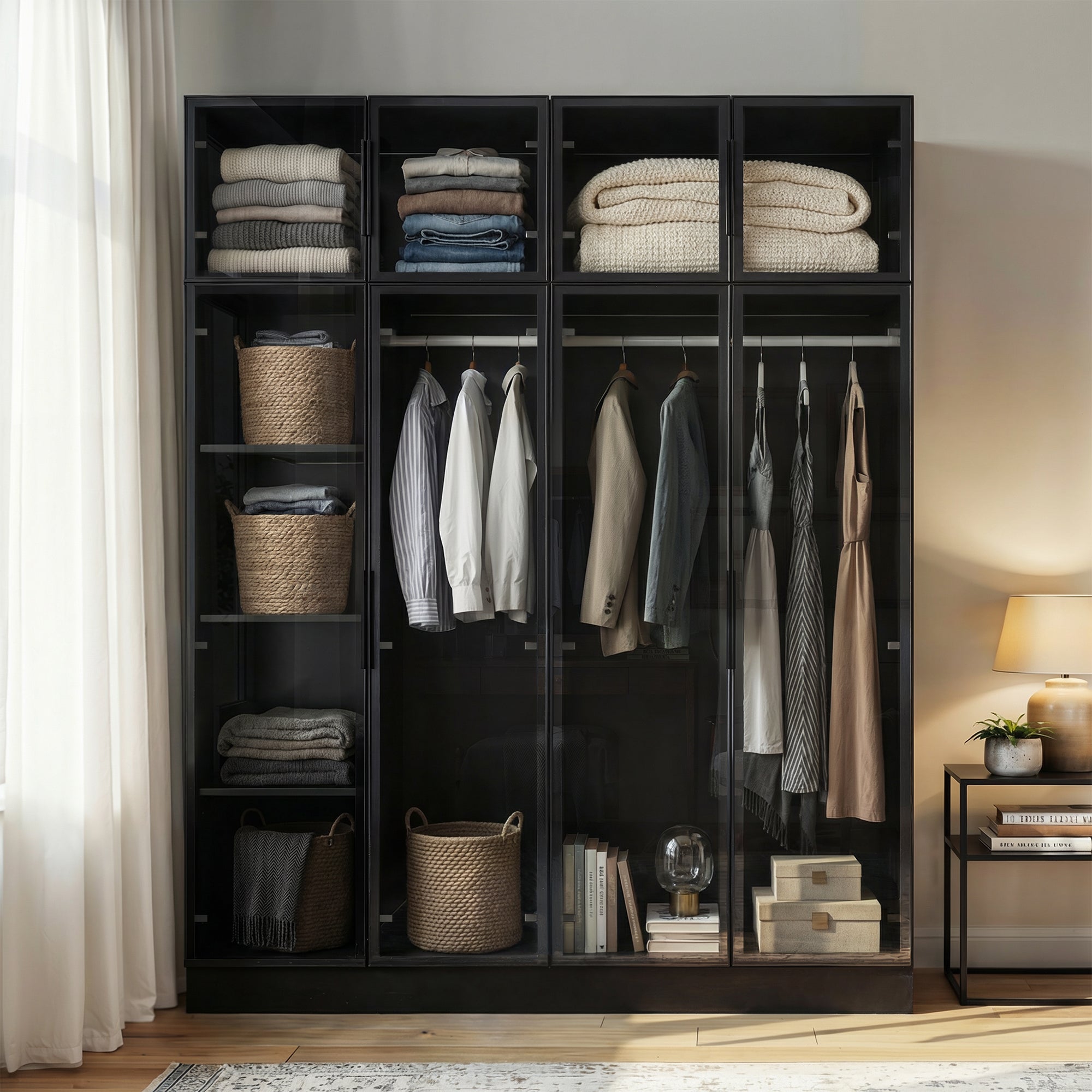 59 inches Modern Black Wardrobe Armoires With LED Lighting and Tempered Glass Doors