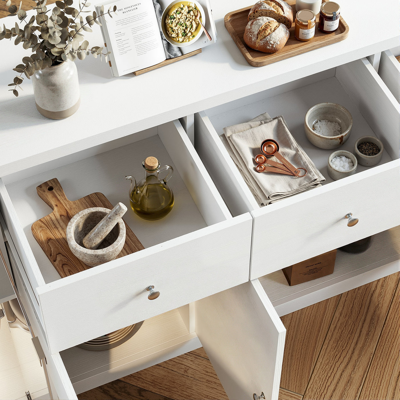 78.7" Contemporary White Kitchen Island with Tempered Glass Door & 3 Drawers