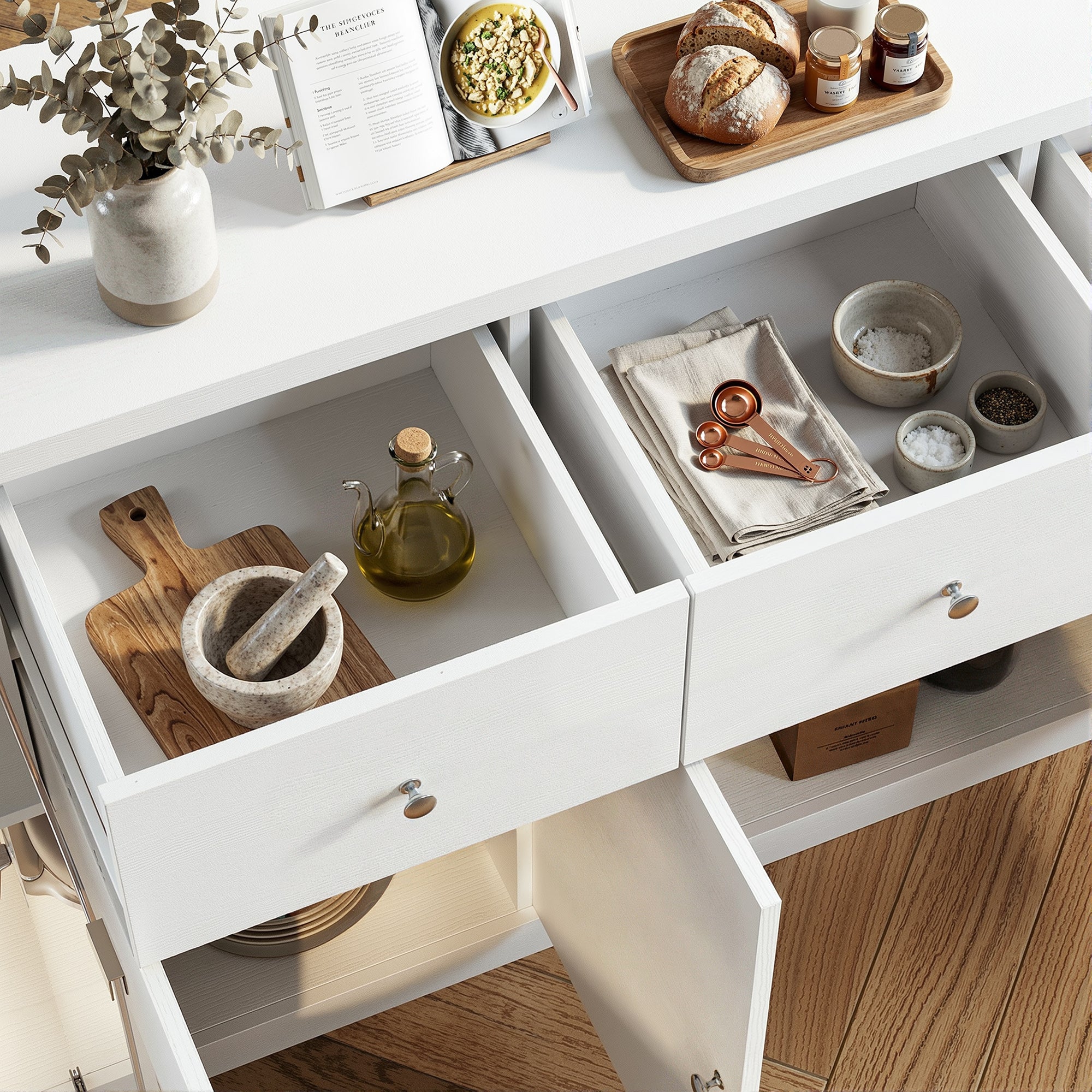 78.7 inch Contemporary White Kitchen Island with Tempered Glass Door & 3 Drawers