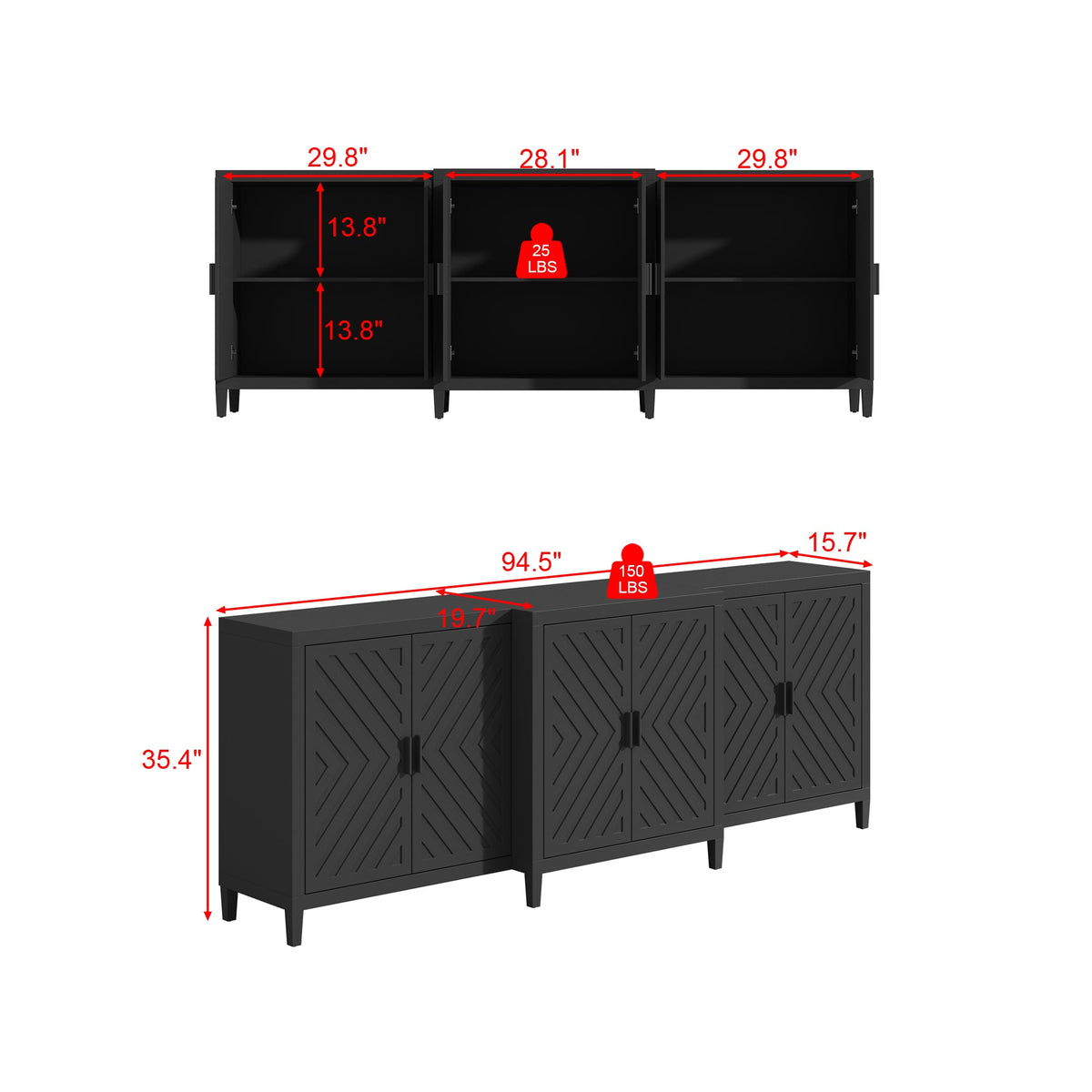 94.5" Modern Black 6-Door Storage Cabinet with Strong Storage