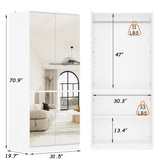 White armoire with mirrored doors and cabinet storage