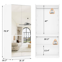 White armoire with mirrored doors and cabinet storage