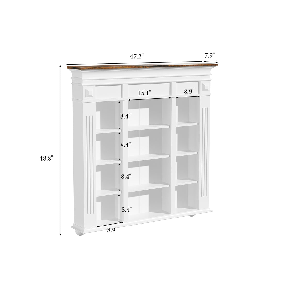 47.2" White Wall Mount Display Cabinet with Rustic Wood Top and 12 Open Compartments