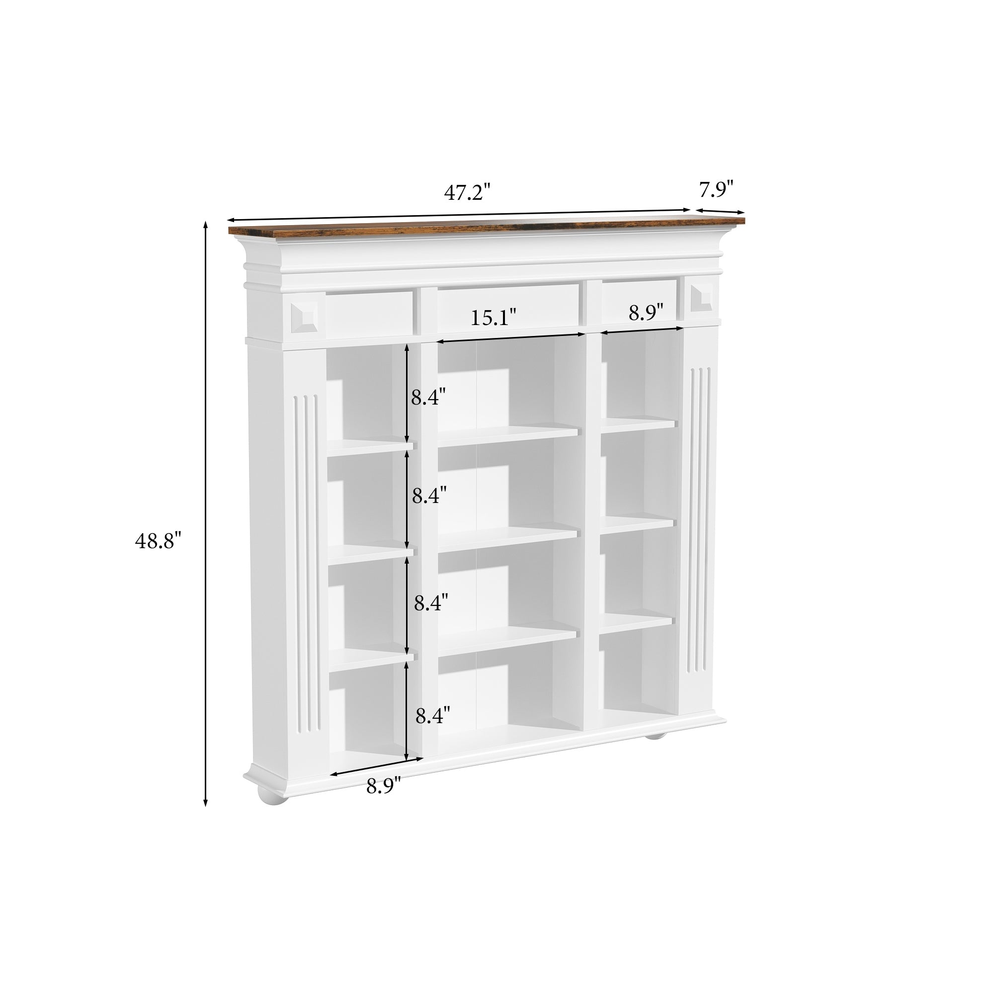 47.2 inches White Wall Mount Display Cabinet with Rustic Wood Top & 12 Open Compartments for Glassware Collectibles