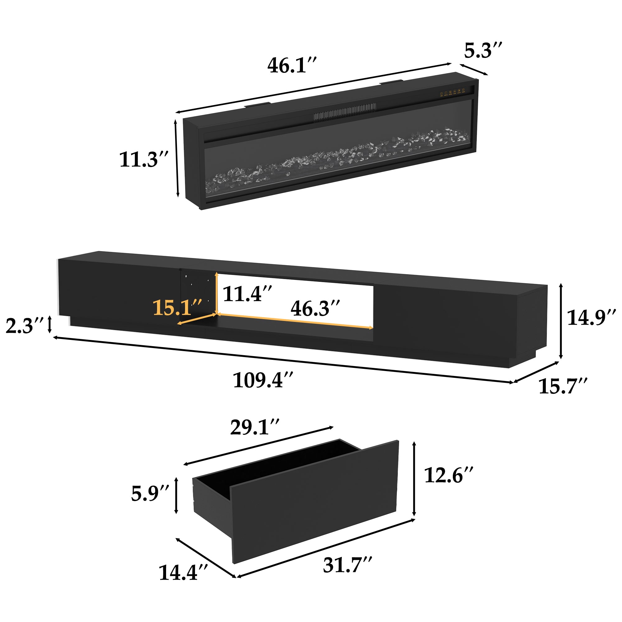 109'' W 2-Drawer TV Stand Media Console With Electric Fireplace Heater