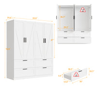 59.8" Modern Farmhouse White 4-Door Wardrobe with Geometric Slat Doors, 4 Drawers and Black Handles