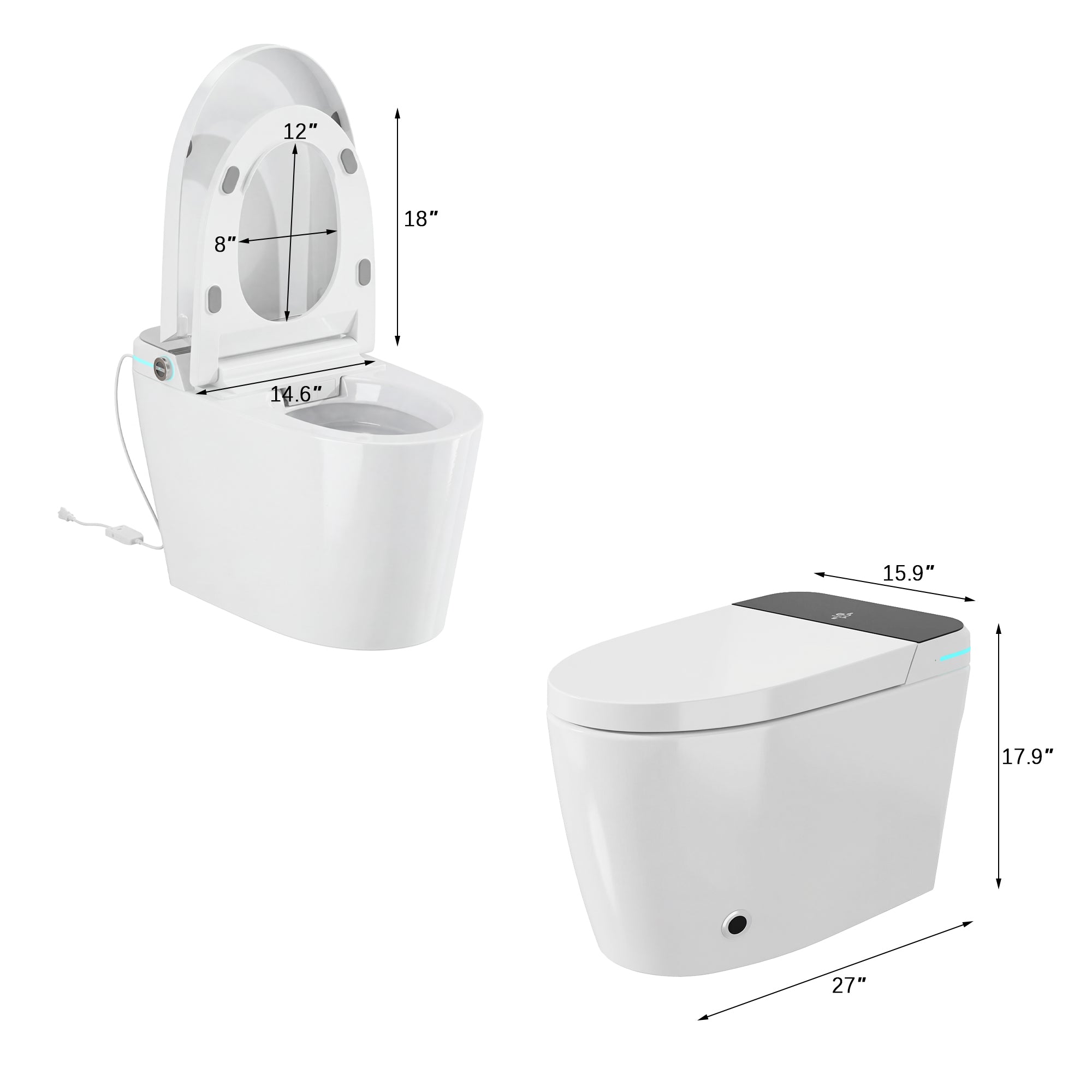 White smart toilet with compact one-piece design and side control knob