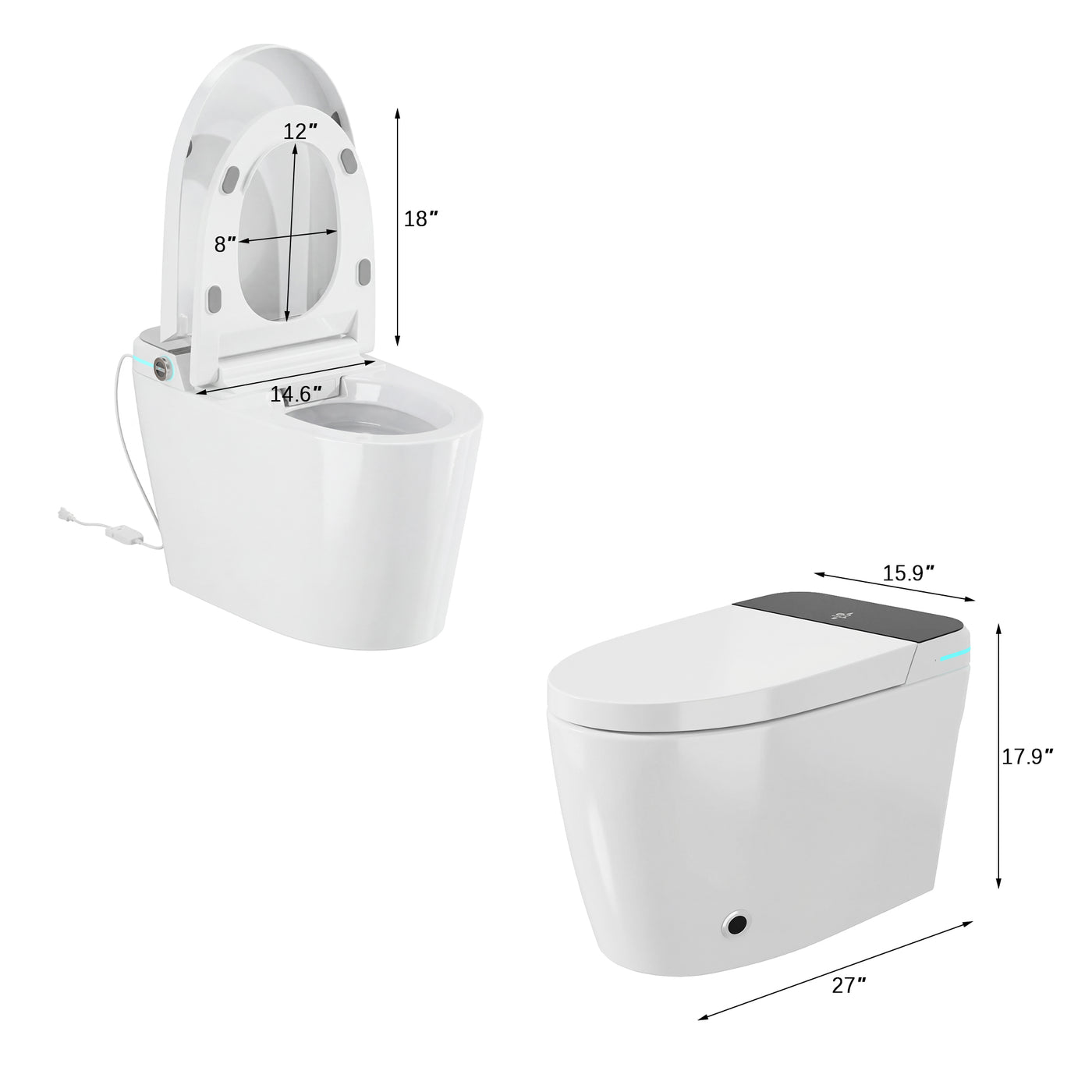 White smart toilet with compact one-piece design and side control knob