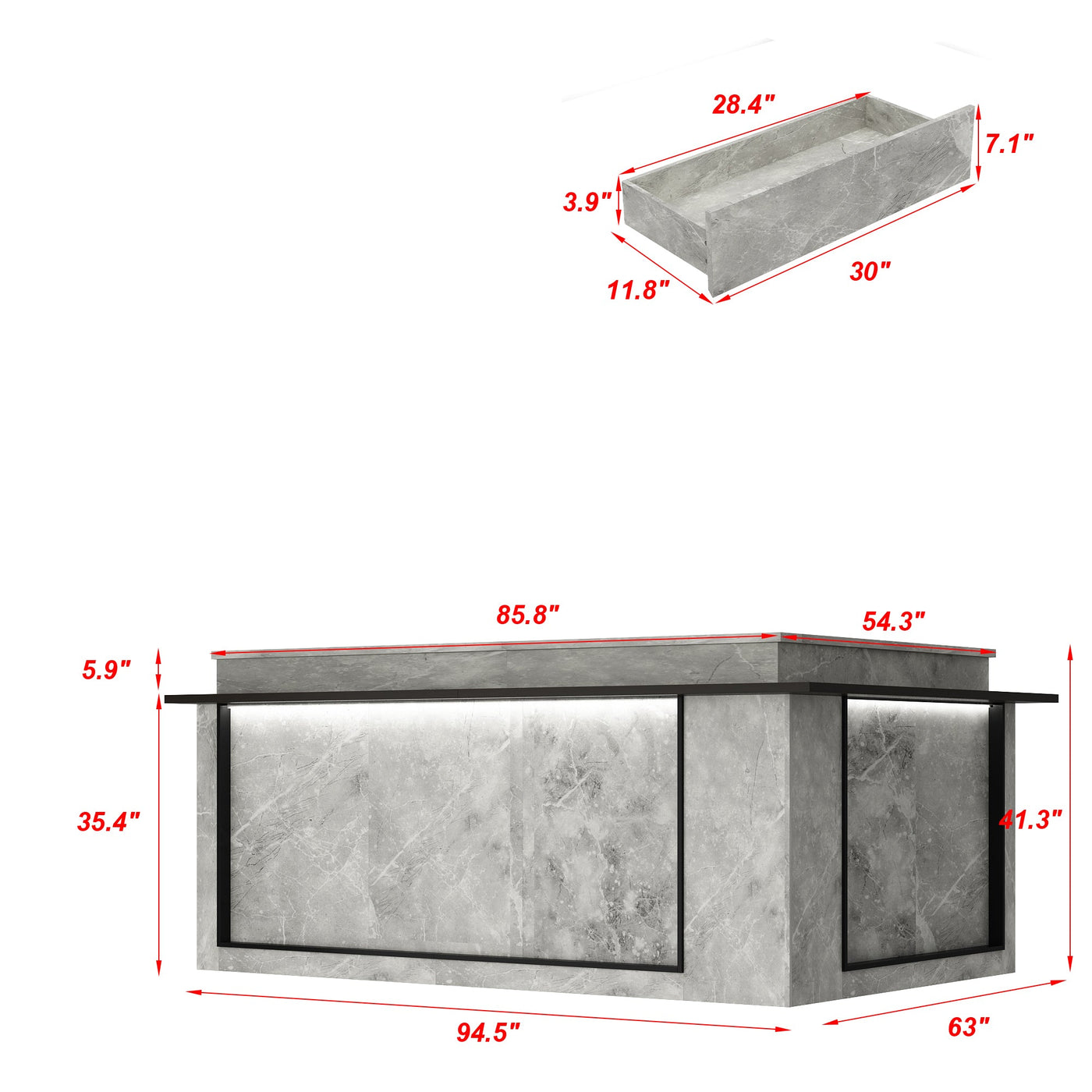 Modern reception desk with marble finish in an office setting