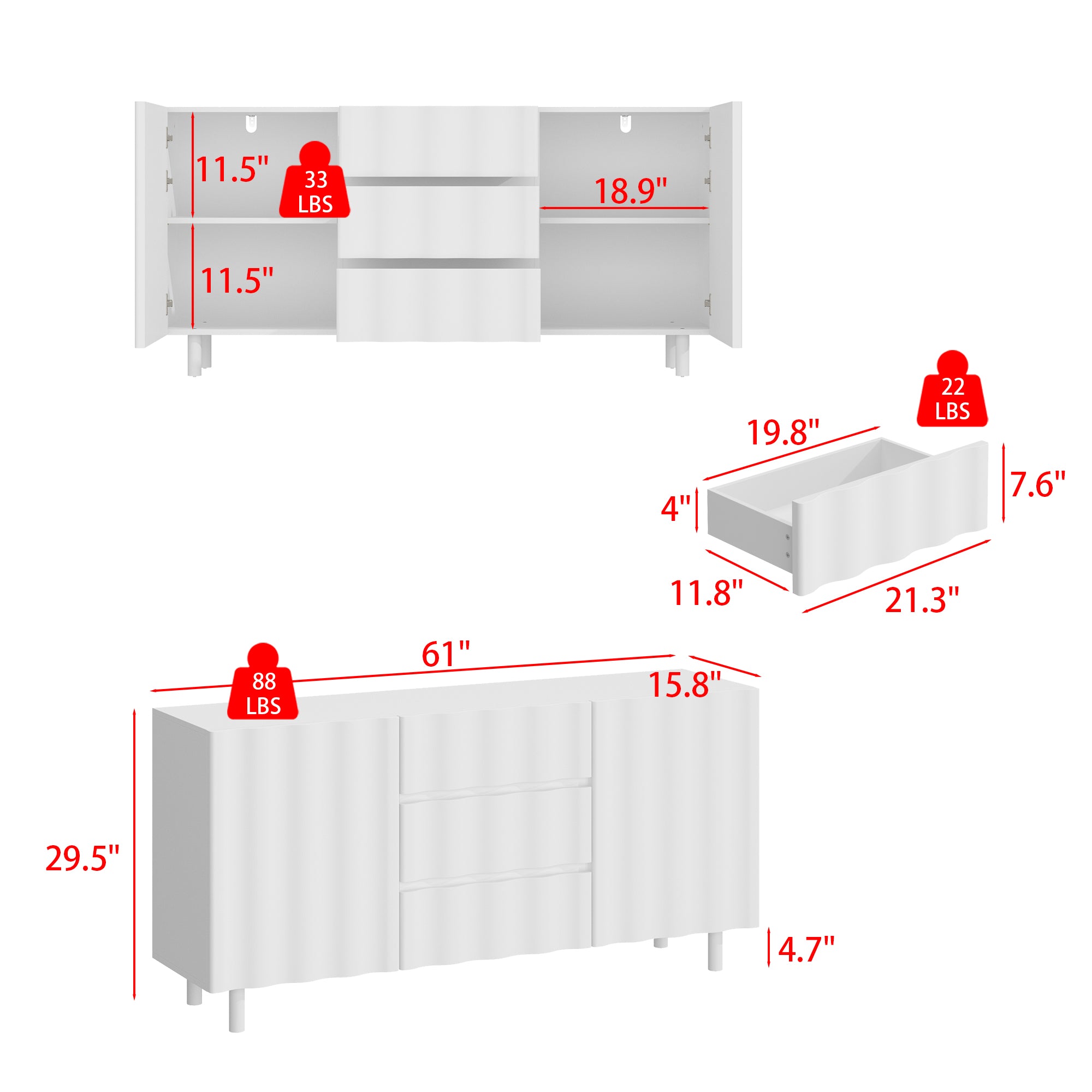 61" Wide White Accent Cabinet With 3 Drawers & 2 Doors