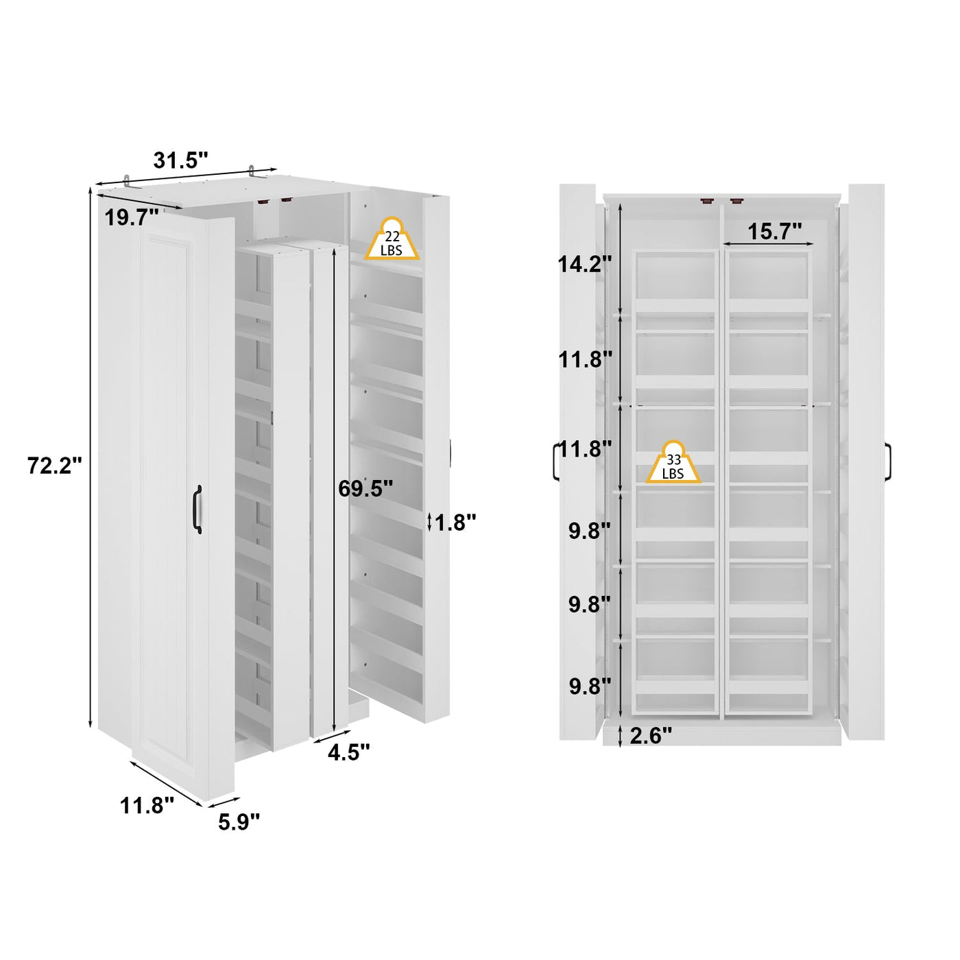 31.5" Modern White Kitchen Pantry with Rotating Food Storage Shelves, Adjustable Shelves, and Door-mounted Racks