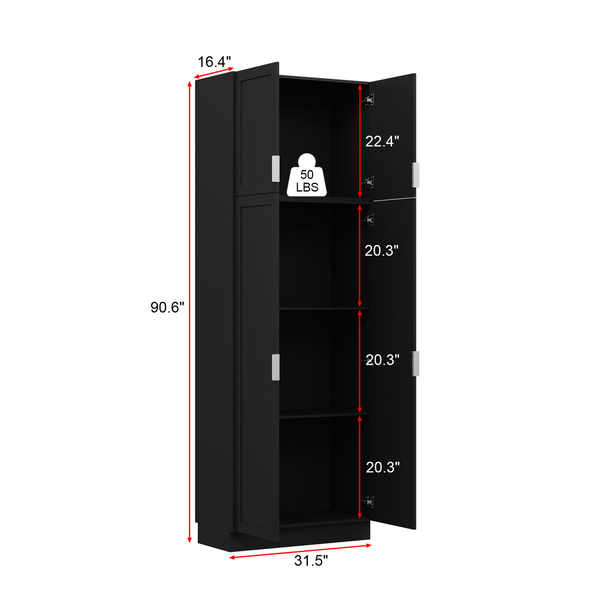 90.6 inch Tall Black Kitchen Pantry Cabinet with 4 Doors and Adjustable Shelves