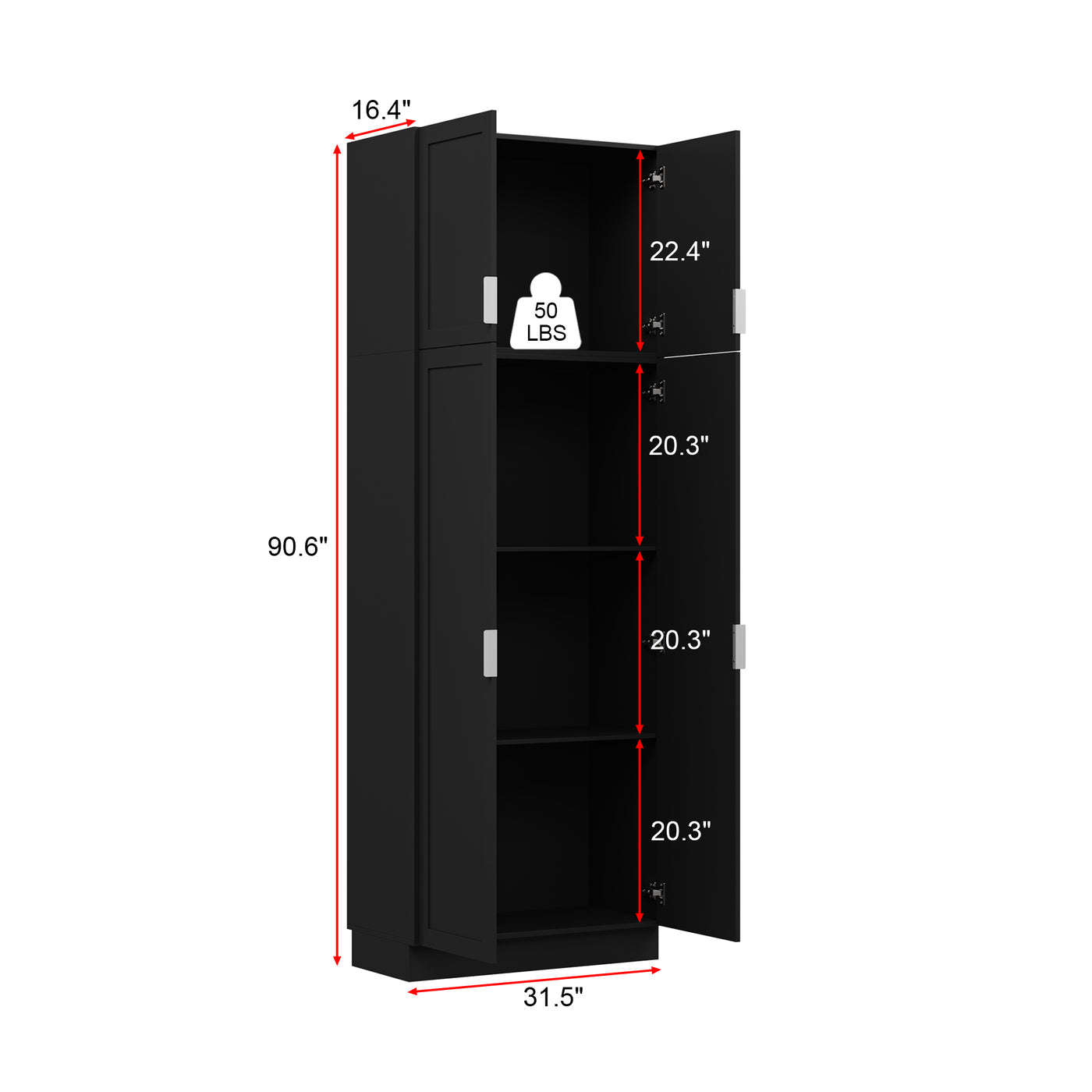 90.6" Tall Black Kitchen Pantry Cabinet with 4 Doors and Adjustable Shelves
