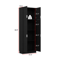 90.6" Tall Black Kitchen Pantry Cabinet with 4 Doors and Adjustable Shelves