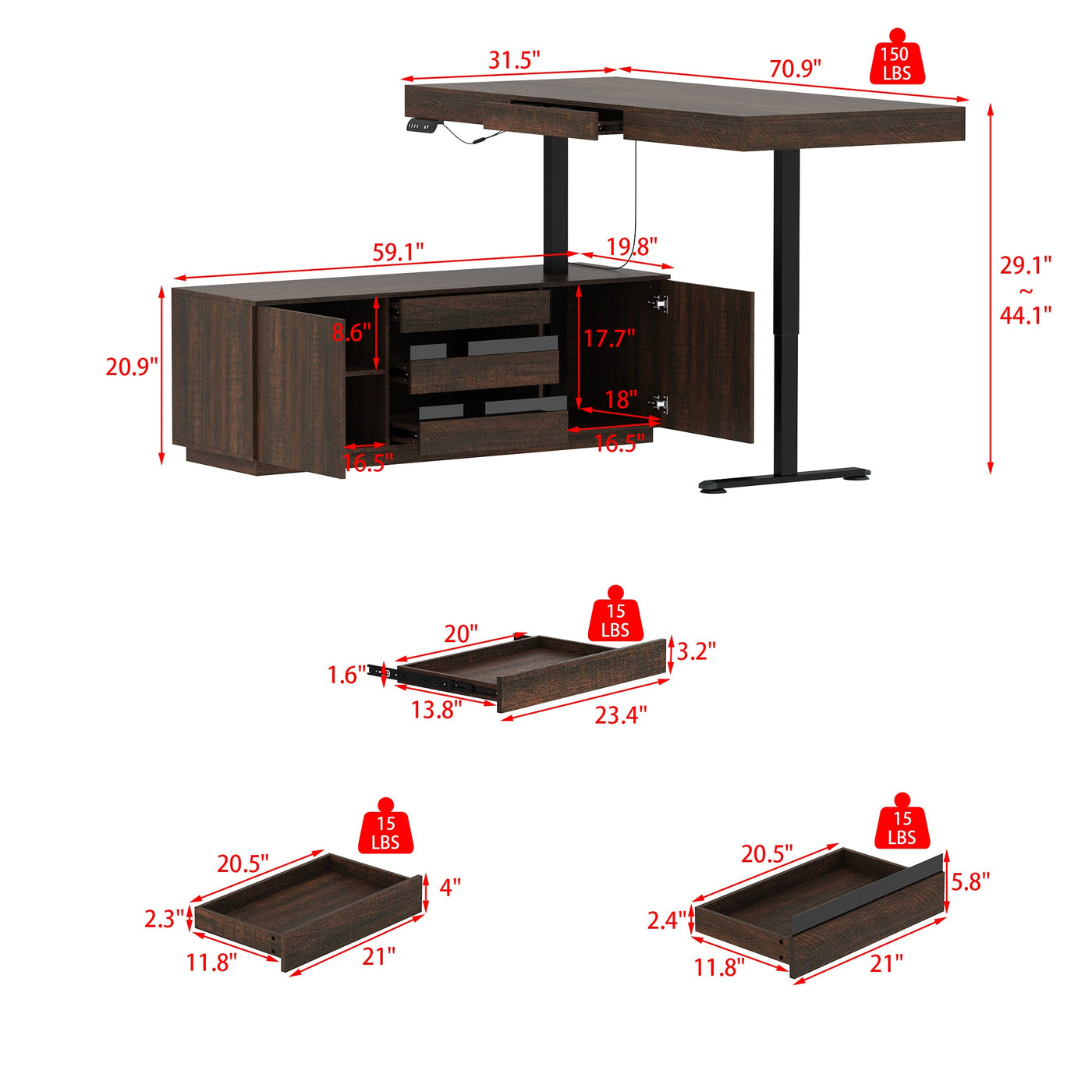 70.9" Modern Walnut L-Shaped 3-Drawer Standing Desk with Bookcase