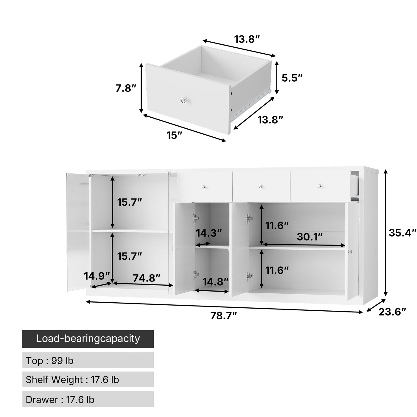 78.7" Contemporary White Kitchen Island with Tempered Glass Door & 3 Drawers