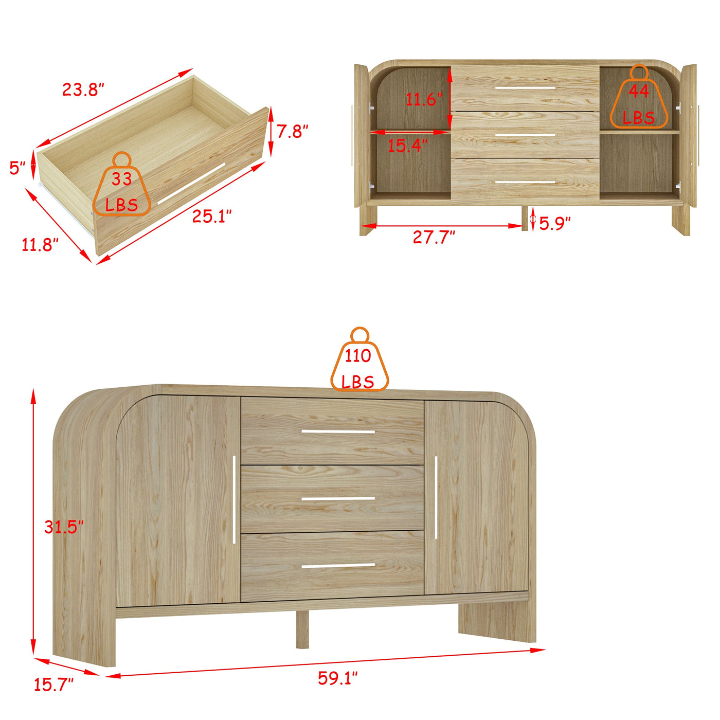 59" Minimalist Natural Sideboard Cabinet Buffet Storage Cabinet With Hinged Doors and Pull-out Drawers