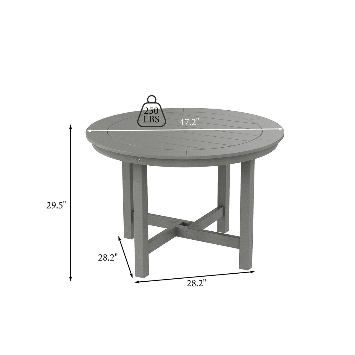Gray round table with measurements on a white background