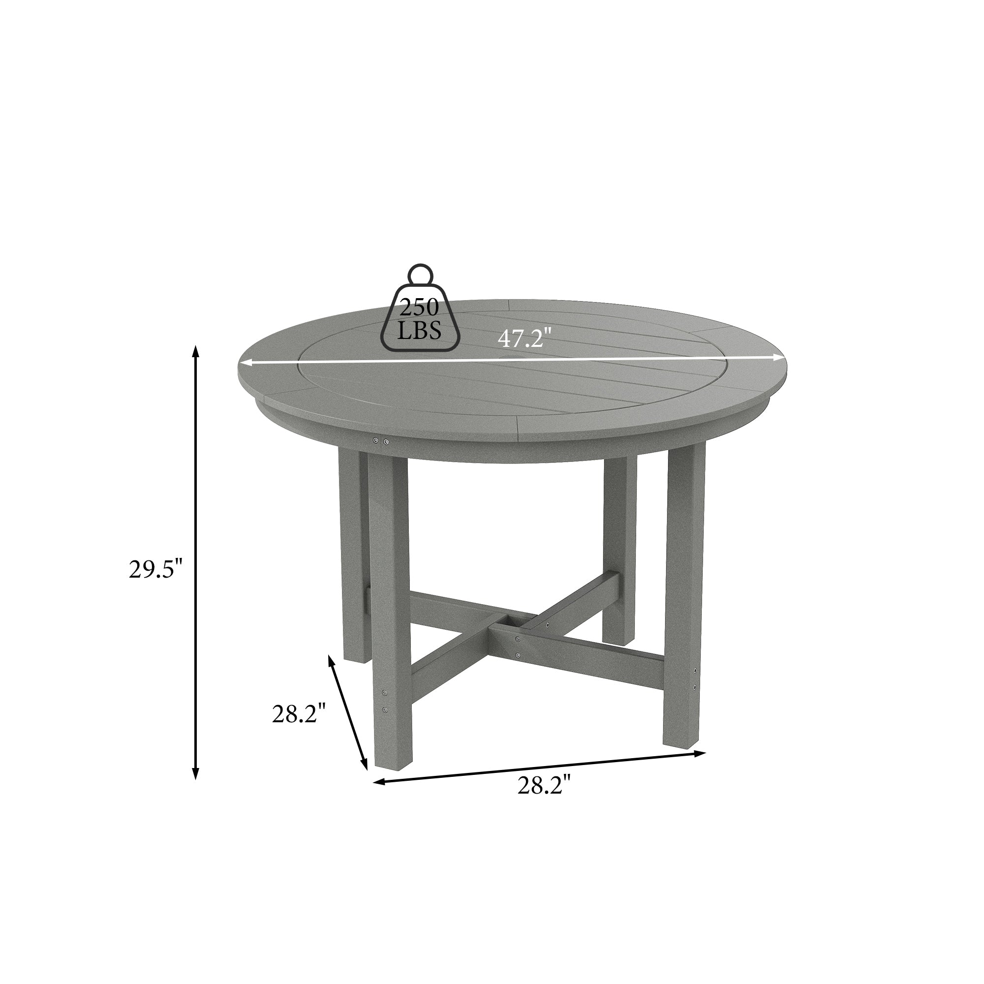 Gray round table with measurements on a white background