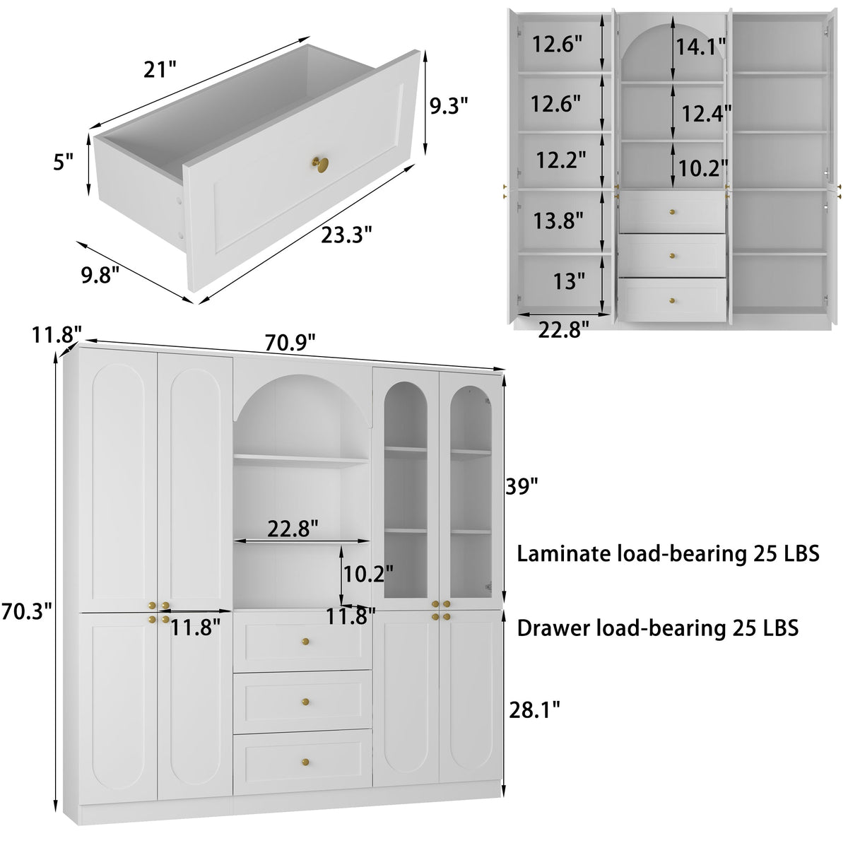 70.9" Modern White Elegant Wardrobe with Strong Storage