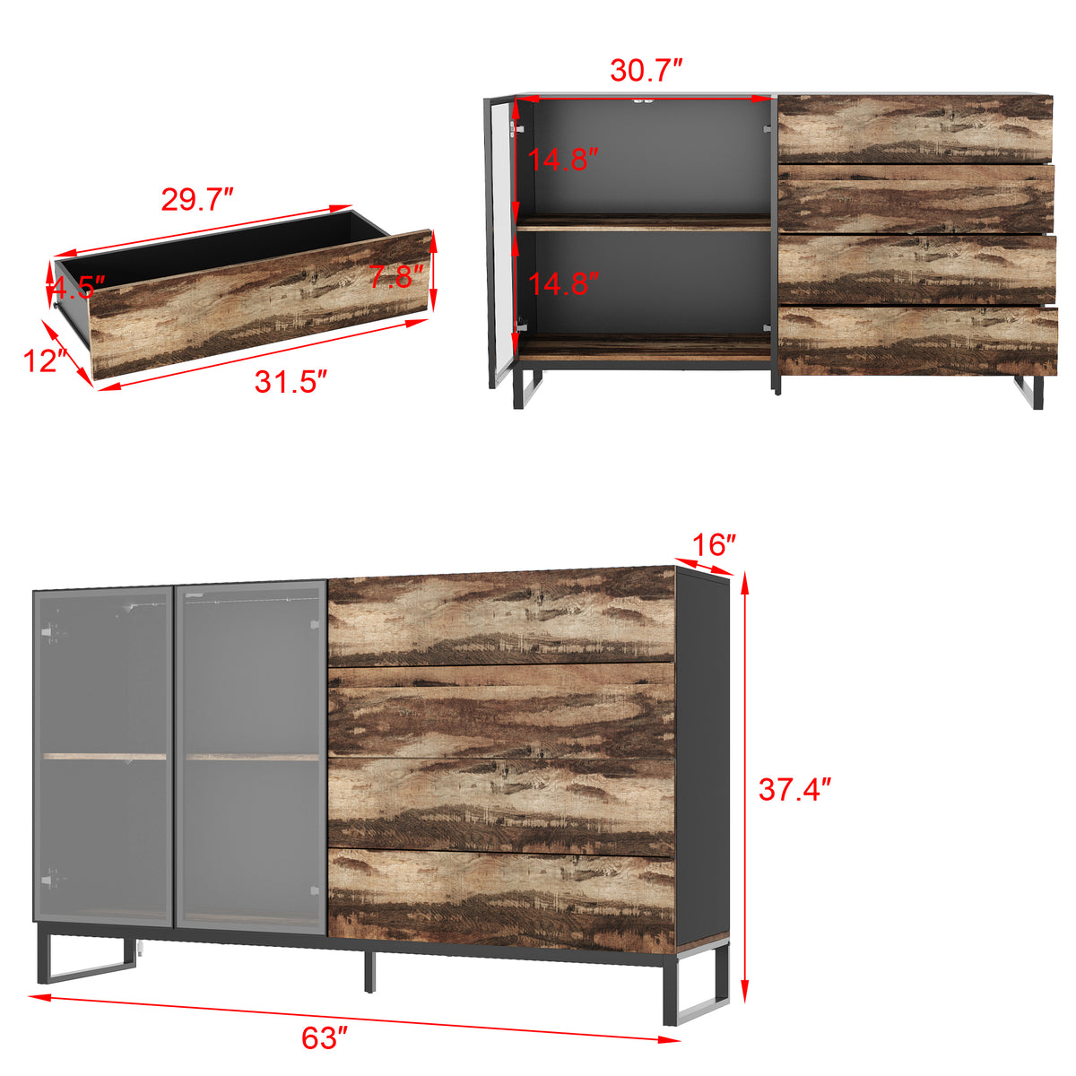 63" Modern Black & Brown Sideboard Buffet Cabinet with LED Lights & 4 Drawers